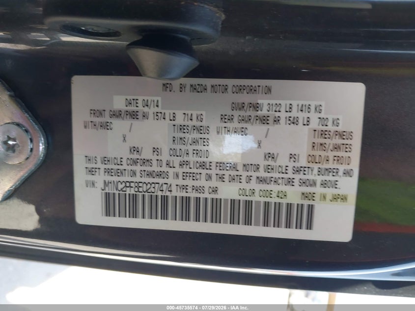 2014 Mazda Mx-5 VIN JM1NC2PF8E0237474 IAAI salvage auction — FRONT END, Original (Texas), sold $8,775 on 2026-09-09 (photo 9)