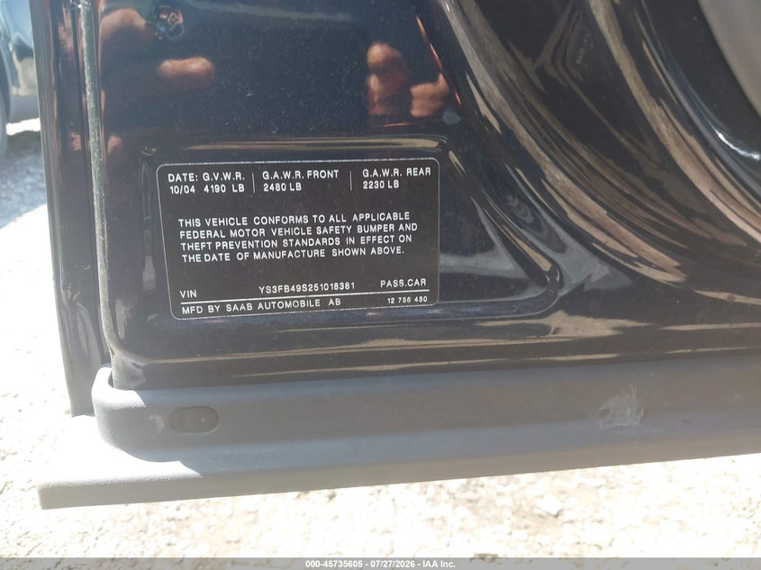 2005 Saab 9-3 VIN YS3FB49S251018381 IAAI salvage auction — NORMAL WEAR, Clear (Rhode Island), sold $225 on 2026-08-04 (photo 9)