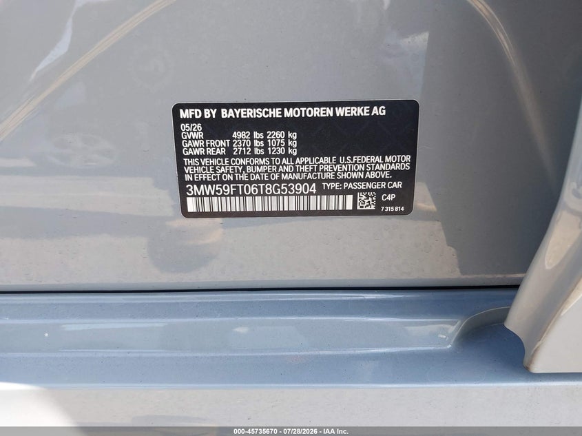 2026 BMW M340i VIN 3MW59FT06T8G53904 IAAI salvage auction — FRONT END, Clear (California), sold $30,000 on 2026-09-16 (photo 9)