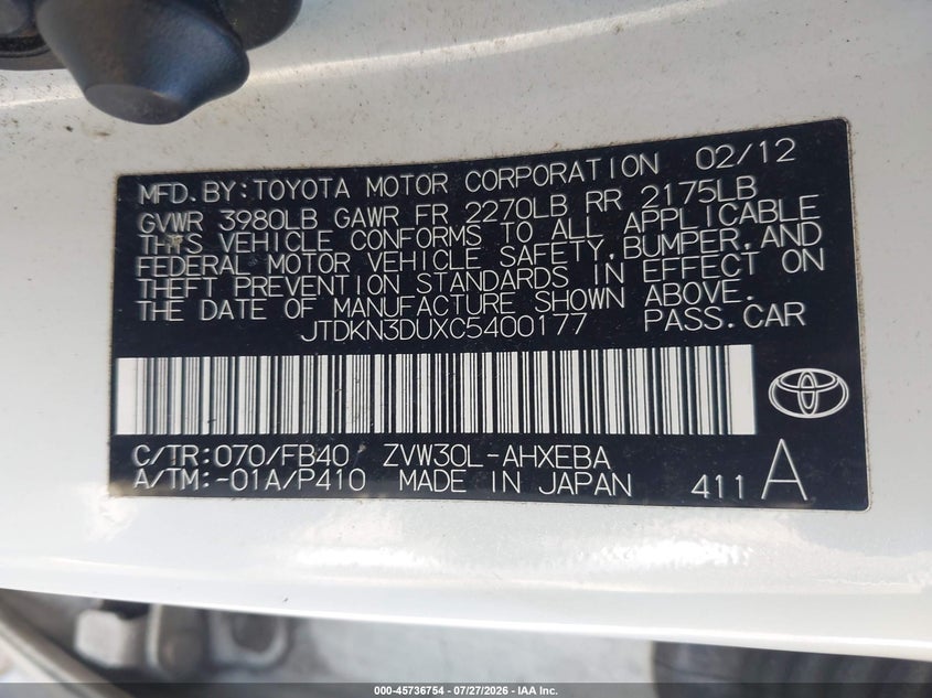 2012 Toyota Prius VIN JTDKN3DUXC5400177 IAAI salvage auction — NORMAL WEAR, Clear (Pennsylvania), sold $2,500 on 2026-07-31 (photo 9)