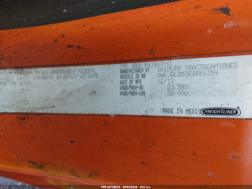 2014 Freightliner Cascadia 125 VIN 3AKJGLD53ESFK6359 IAAI salvage auction — FRONT END, Salvage (Georgia), sold $2,150 on 2026-09-02 (photo 8)
