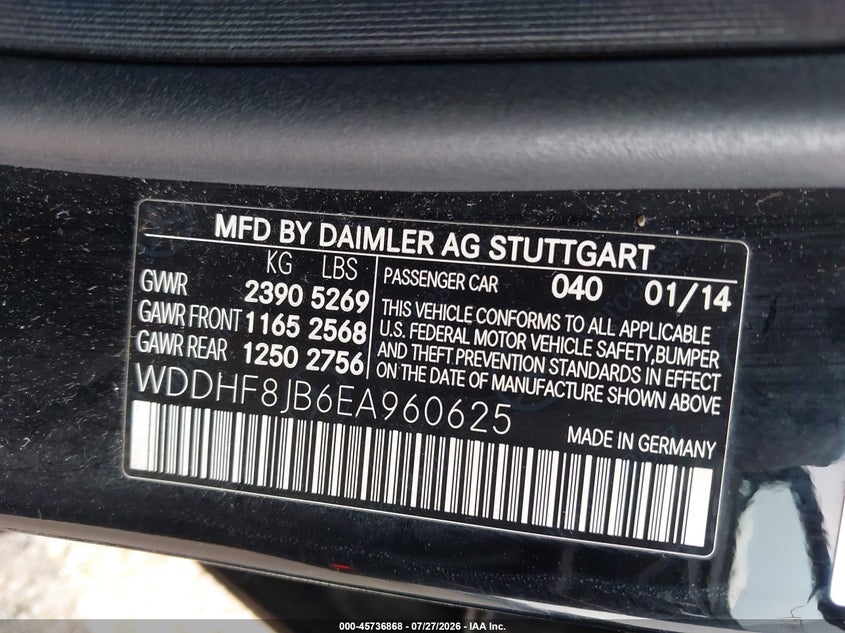 2014 Mercedes-benz E-klasse VIN WDDHF8JB6EA960625 IAAI salvage auction — NORMAL WEAR, Clear (New Jersey), sold $1,550 on 2026-08-06 (photo 9)