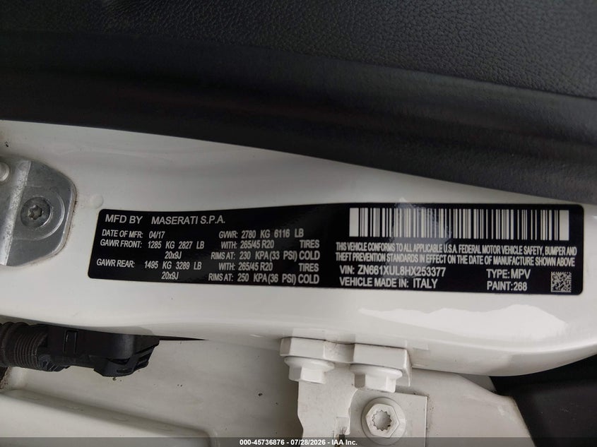 2017 Maserati Levante VIN ZN661XUL8HX253377 IAAI salvage auction — LEFT SIDE, Wait Title, sold $3,150 on 2026-08-28 (photo 9)