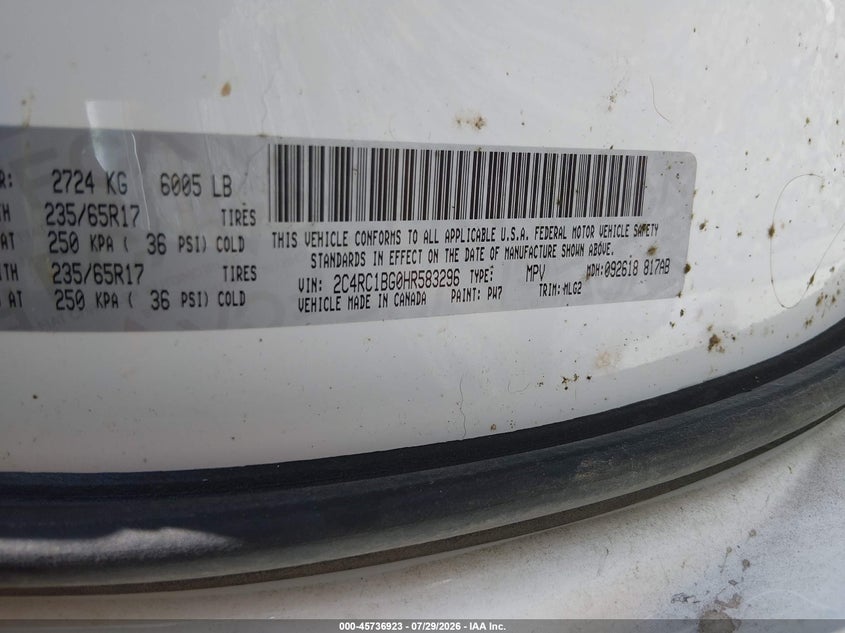 2017 Chrysler Pacifica VIN 2C4RC1BG0HR583296 IAAI salvage auction — RIGHT SIDE, Salvage (West Virginia), sold $1,800 on 2026-09-03 (photo 9)