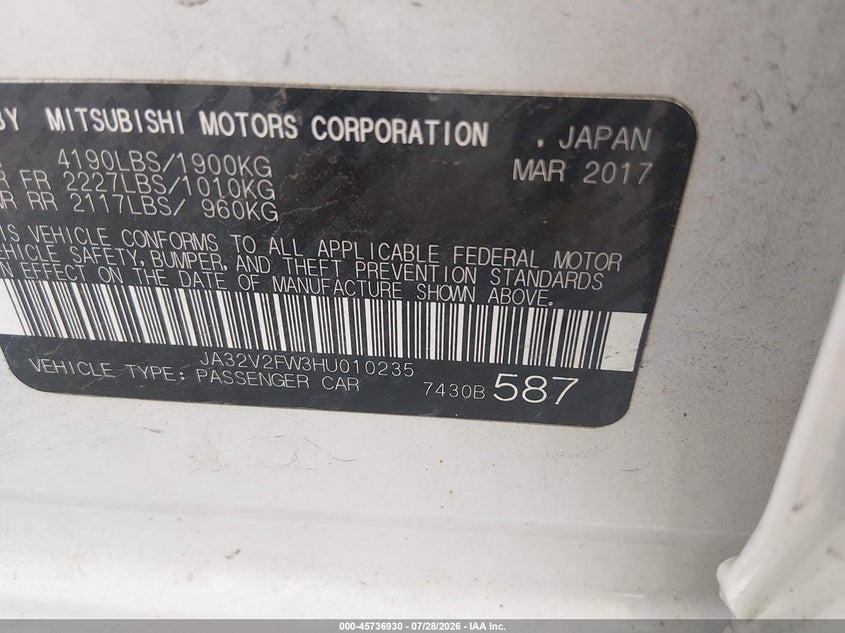 2017 Mitsubishi Lancer VIN JA32V2FW3HU010235 IAAI salvage auction — LEFT SIDE, Salvage (Missouri), sold $1,300 on 2026-09-01 (photo 9)
