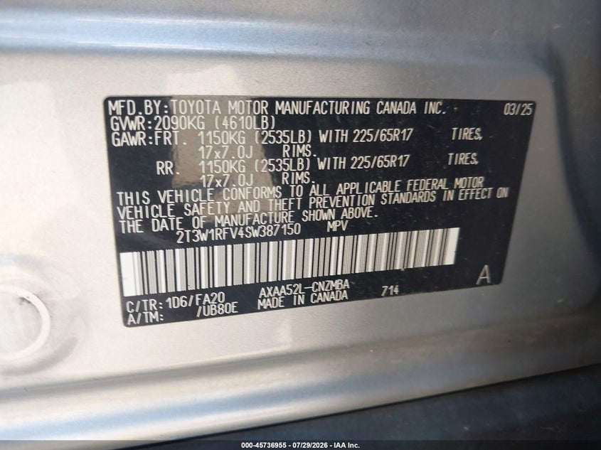 2025 Toyota Rav4 VIN 2T3W1RFV4SW387150 IAAI salvage auction — SIDE, Enterprise Vehicles Clear Only (California), sold $20,100 on 2026-07-30 (photo 9)