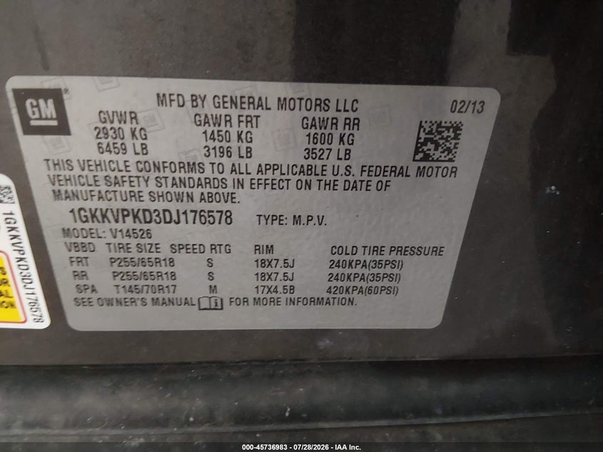 2013 Gmc Acadia VIN 1GKKVPKD3DJ176578 IAAI salvage auction — FRONT END, Wait Title, sold $300 on 2026-10-06 (photo 9)