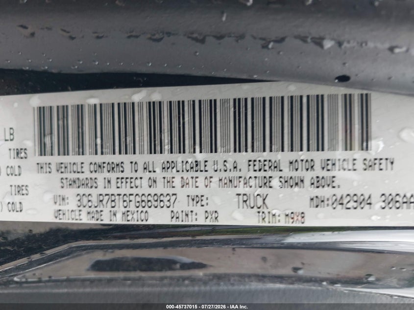 2015 Ram 1500 VIN 3C6JR7BT6FG669637 IAAI salvage auction — FRONT END, Salvage Title, sold $7,200 on 2026-08-14 (photo 9)