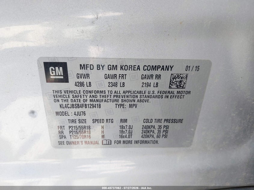2015 Buick Encore VIN KL4CJBSB4FB129418 IAAI salvage auction — FRONT & REAR, Salvage Title, sold $600 on 2026-08-30 (photo 9)