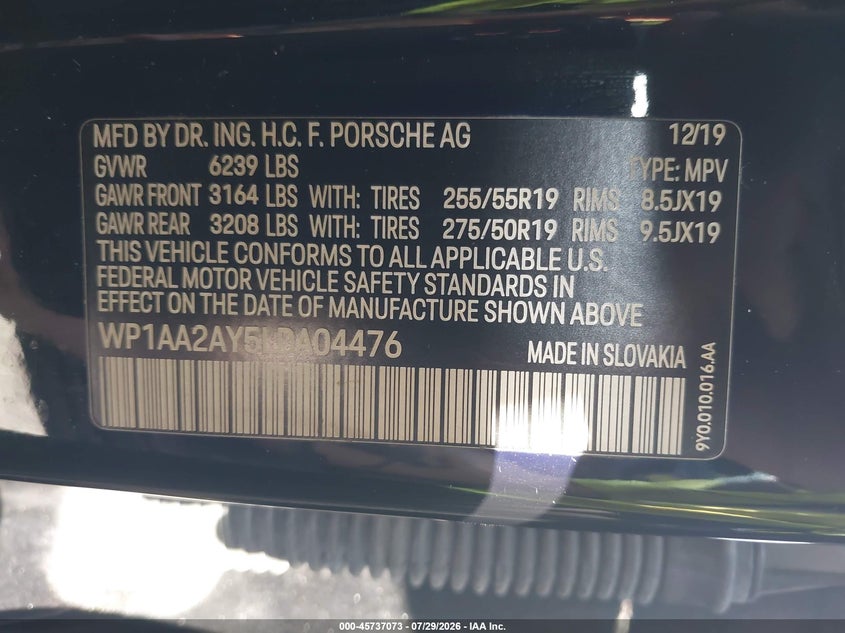 2020 Porsche Cayenne VIN WP1AA2AY5LDA04476 IAAI salvage auction — FRONT END, Wait Title, sold $11,000 on 2026-08-25 (photo 9)