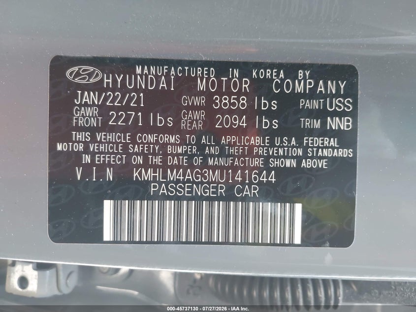 2021 Hyundai Elantra VIN KMHLM4AG3MU141644 IAAI salvage auction — NORMAL WEAR, Clear (Florida), sold $2,700 on 2026-07-30 (photo 9)