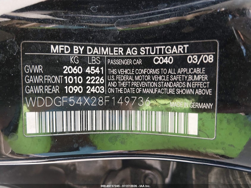 2008 Mercedes-benz C-klasse VIN WDDGF54X28F149736 IAAI salvage auction — UNKNOWN, Clear (Georgia), sold $750 on 2026-08-04 (photo 9)