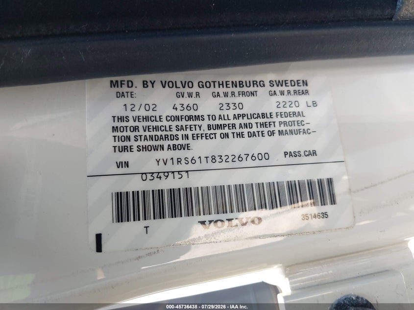 2003 Volvo S60 VIN YV1RS61T832267600 IAAI salvage auction — NORMAL WEAR, Original (Ohio), sold $300 on 2026-08-04 (photo 9)
