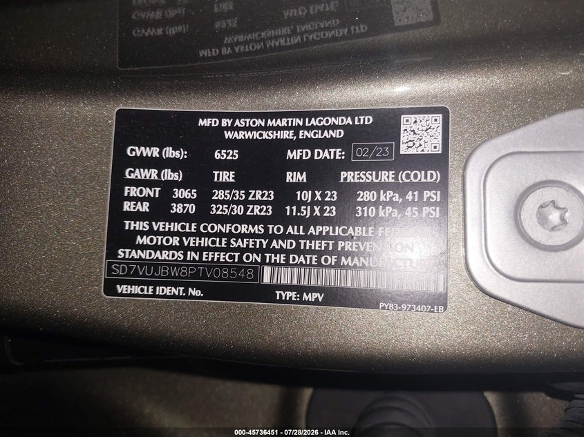 2023 Aston martin Dbx VIN SD7VUJBW8PTV08548 IAAI salvage auction — FRONT END, Salvage Title, sold $53,300 on 2026-08-31 (photo 9)
