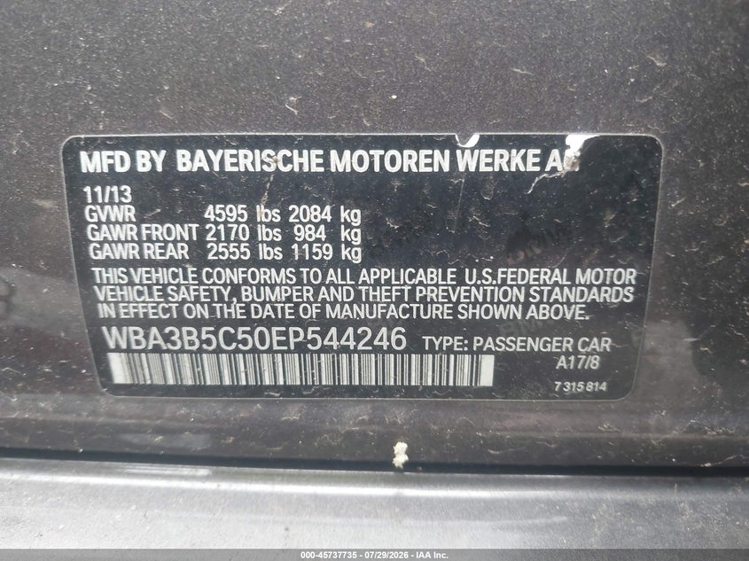 2014 BMW 3er VIN WBA3B5C50EP544246 IAAI salvage auction — REAR END, Salvage (Idaho), sold $1,500 on 2026-08-19 (photo 9)