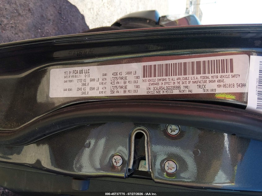 2016 Ram 2500 VIN 3C6UR5HL3GG335995 IAAI salvage auction — NORMAL WEAR, SF97 (California), sold $25,400 on 2026-09-10 (photo 9)