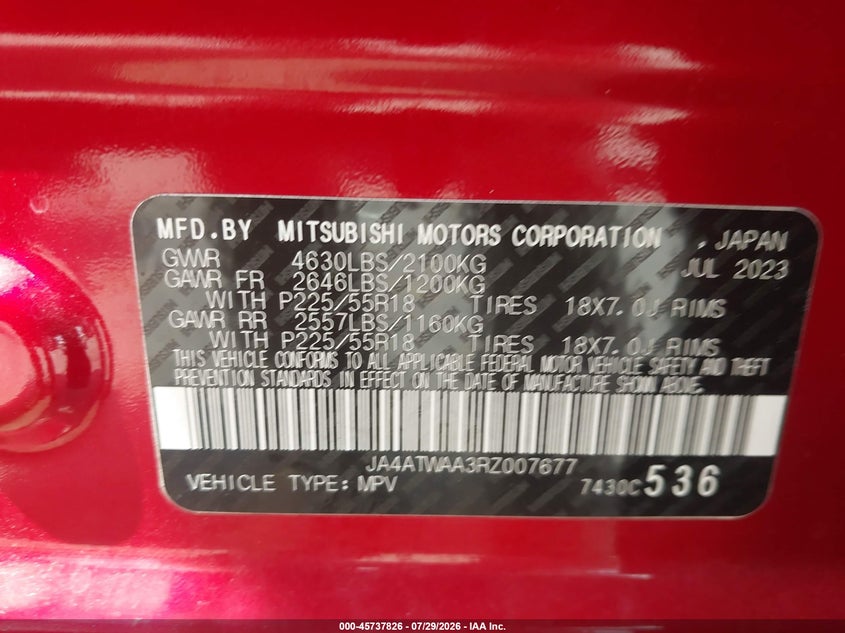 2024 Mitsubishi Eclipse cross VIN JA4ATWAA3RZ007677 IAAI salvage auction — REAR END, Salvage Title, sold $7,725 on 2026-09-03 (photo 9)