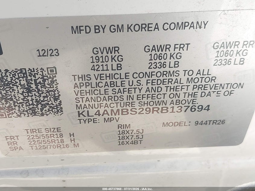 2024 Buick Encore gx VIN KL4AMBS29RB137694 IAAI salvage auction — FRONT END, Wait Title, sold $8,300 on 2026-08-12 (photo 9)