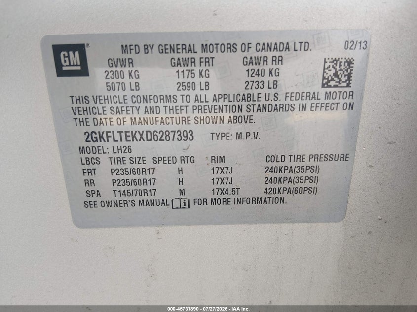 2013 Gmc Terrain VIN 2GKFLTEKXD6287393 IAAI salvage auction — FRONT END, Clear (South Carolina), sold $2,500 on 2026-08-29 (photo 9)