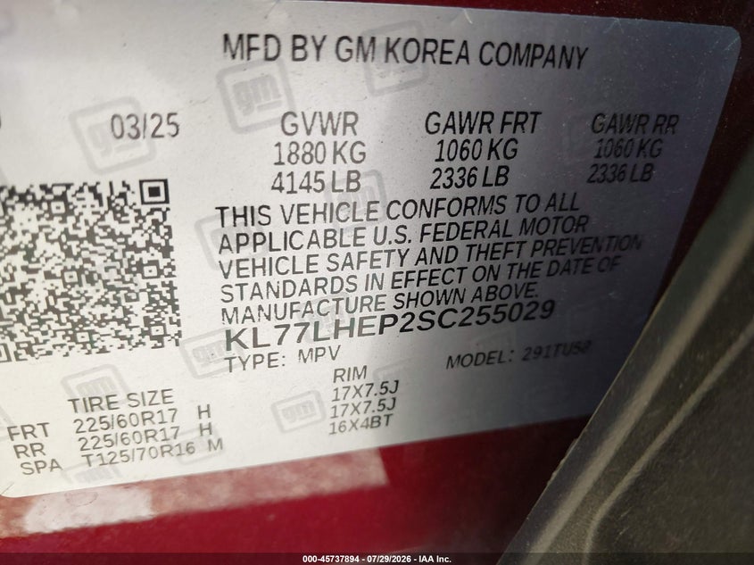 2025 Chevrolet Trax VIN KL77LHEP2SC255029 IAAI salvage auction — FRONT END, Enterprise Vehicles Clear Only (Virginia), sold $8,800 on 2026-08-02 (photo 9)