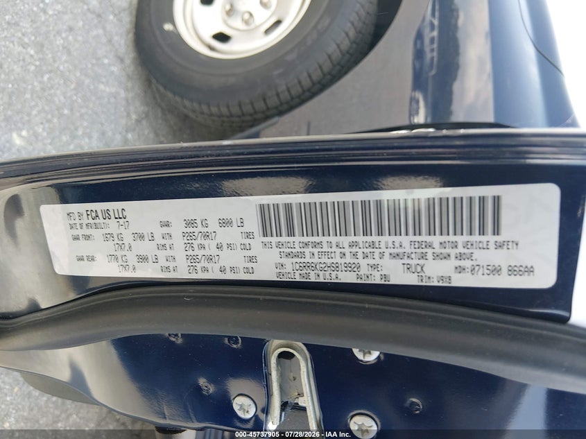 2017 Ram 1500 VIN 1C6RR6KG2HS819920 IAAI salvage auction — NORMAL WEAR, SF97 (Maryland), sold $6,100 on 2026-09-08 (photo 9)