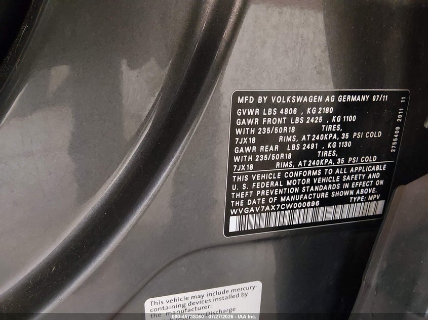 2012 Volkswagen Tiguan VIN WVGAV7AX7CW000696 IAAI salvage auction — VANDALISM, Salvage Title, sold $225 on 2026-08-19 (photo 9)