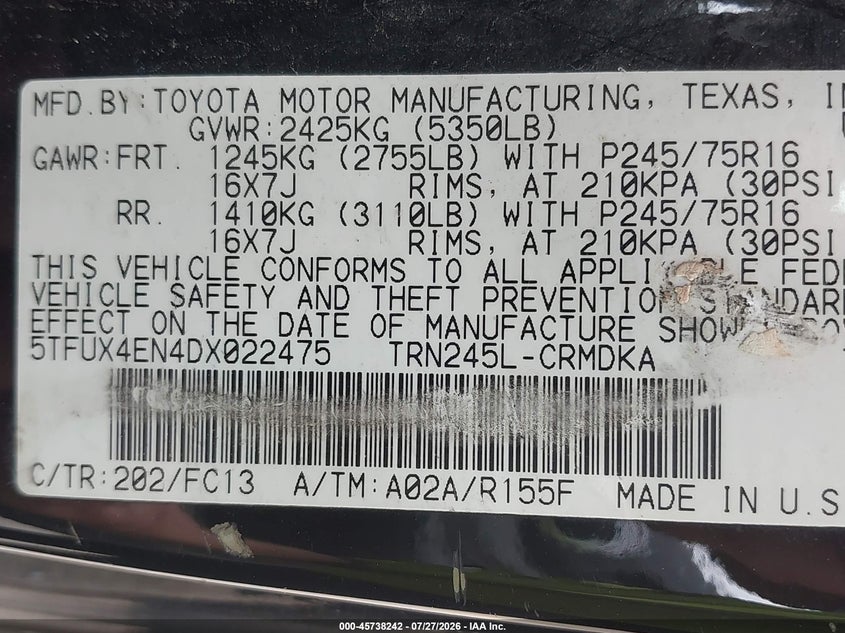 2013 Toyota Tacoma VIN 5TFUX4EN4DX022475 IAAI salvage auction — NORMAL WEAR, Clear (Maryland), sold $3,550 on 2026-07-30 (photo 9)