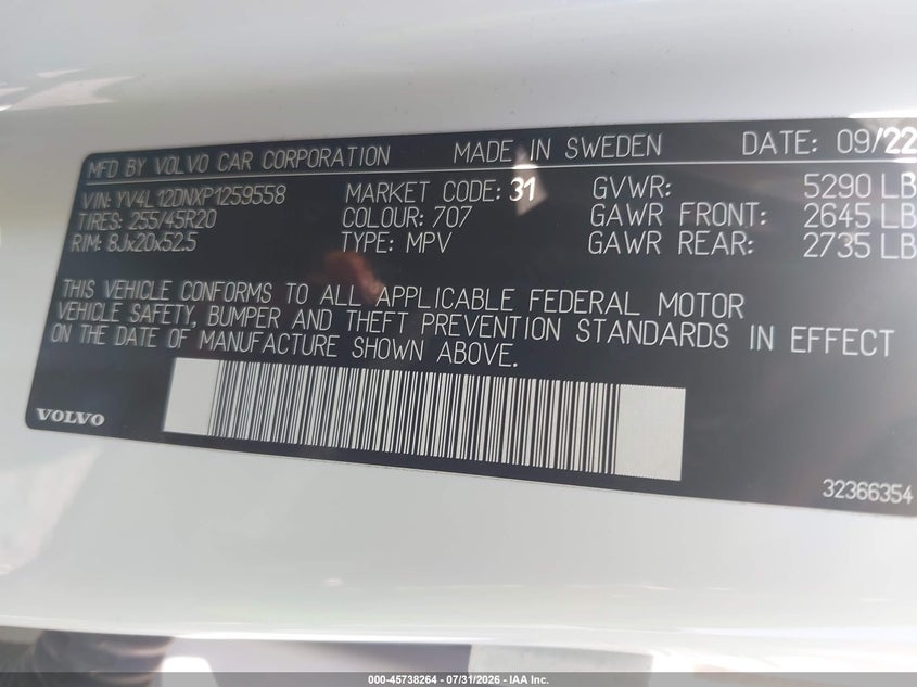 2023 Volvo Xc60 VIN YV4L12DNXP1259558 IAAI salvage auction — SIDE, Wait Title, sold $14,350 on 2026-09-17 (photo 9)
