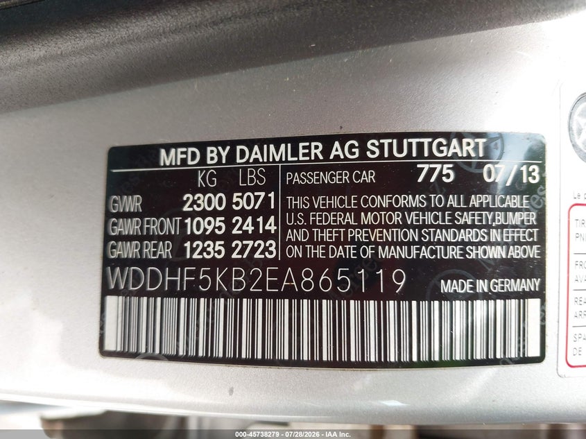 2014 Mercedes-benz E-klasse VIN WDDHF5KB2EA865119 IAAI salvage auction — REAR END, Salvage Title, sold $2,350 on 2026-08-16 (photo 9)