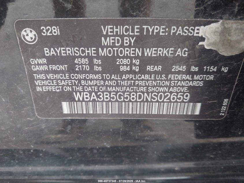 2013 BMW 3er VIN WBA3B5G58DNS02659 IAAI salvage auction — REAR END, Salvage Title, sold $575 on 2026-08-18 (photo 9)