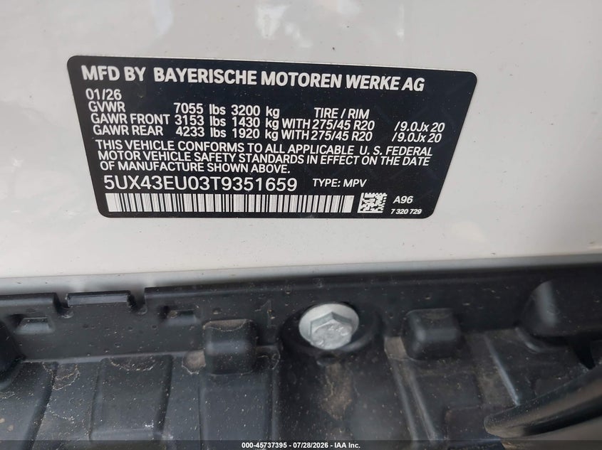 2026 BMW X5 VIN 5UX43EU03T9351659 IAAI salvage auction — FRONT END, Wait Title, sold $41,200 on 2026-09-30 (photo 9)