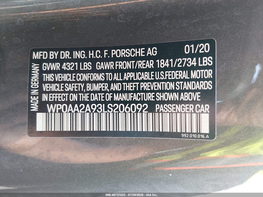 2020 Porsche 911 VIN WP0AA2A93LS206092 IAAI salvage auction — Front End, Salvage, sold $10,100 on 2026-09-08 (photo 9)