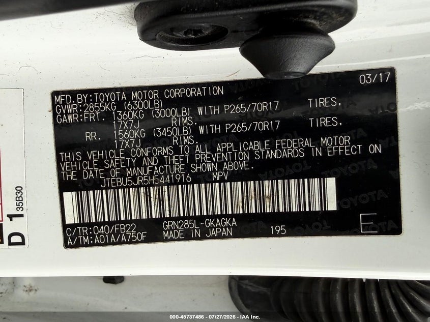 2017 Toyota 4runner VIN JTEBU5JR5H5441916 IAAI salvage auction — NORMAL WEAR, Clear (Washington), sold $25 on 2026-07-29 (photo 9)