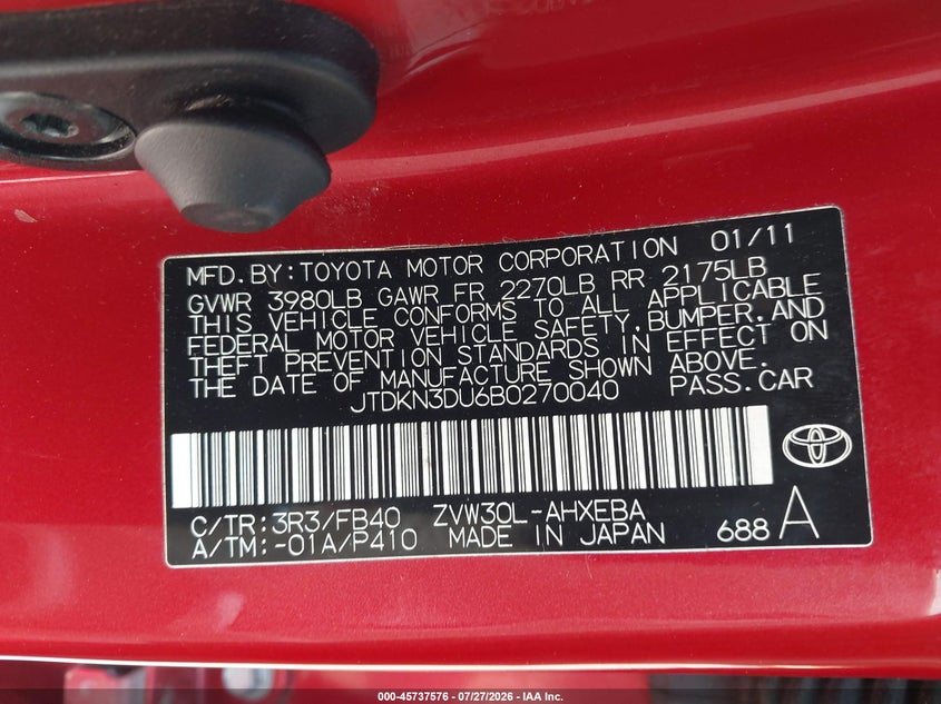 2011 Toyota Prius VIN JTDKN3DU6B0270040 IAAI salvage auction — RIGHT REAR, Clear (New Jersey), sold $225 on 2026-07-28 (photo 9)