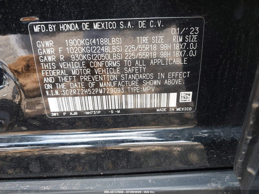 2023 Honda Hr-v VIN 3CZRZ2H52PM729093 IAAI salvage auction — LEFT SIDE, Salvage Title, sold $8,950 on 2026-08-25 (photo 9)