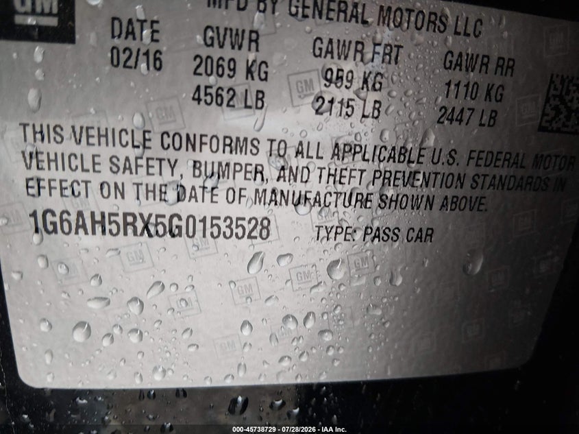 2016 Cadillac Ats VIN 1G6AH5RX5G0153528 IAAI salvage auction — SIDE, Salvage (Indiana), sold $3,600 on 2026-08-23 (photo 9)