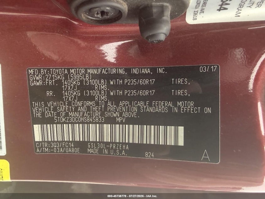 2017 Toyota Sienna VIN 5TDKZ3DC0HS845833 IAAI salvage auction — NORMAL WEAR, Clear - Tbo (Indiana), sold $25 on 2026-07-29 (photo 9)