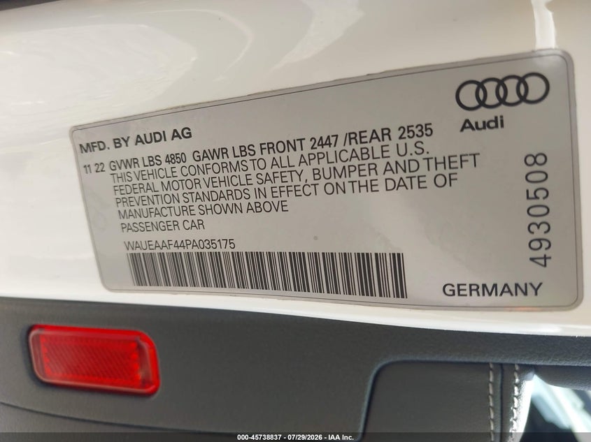 2023 Audi A4 VIN WAUEAAF44PA035175 IAAI salvage auction — SIDE, Wait Title, sold $25 on 2026-09-05 (photo 9)