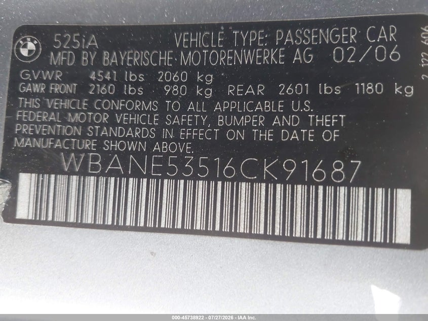 2006 BMW 5 series VIN WBANE53516CK91687 IAAI salvage auction — FRONT & REAR, Salvage (California), sold $325 on 2026-08-03 (photo 9)