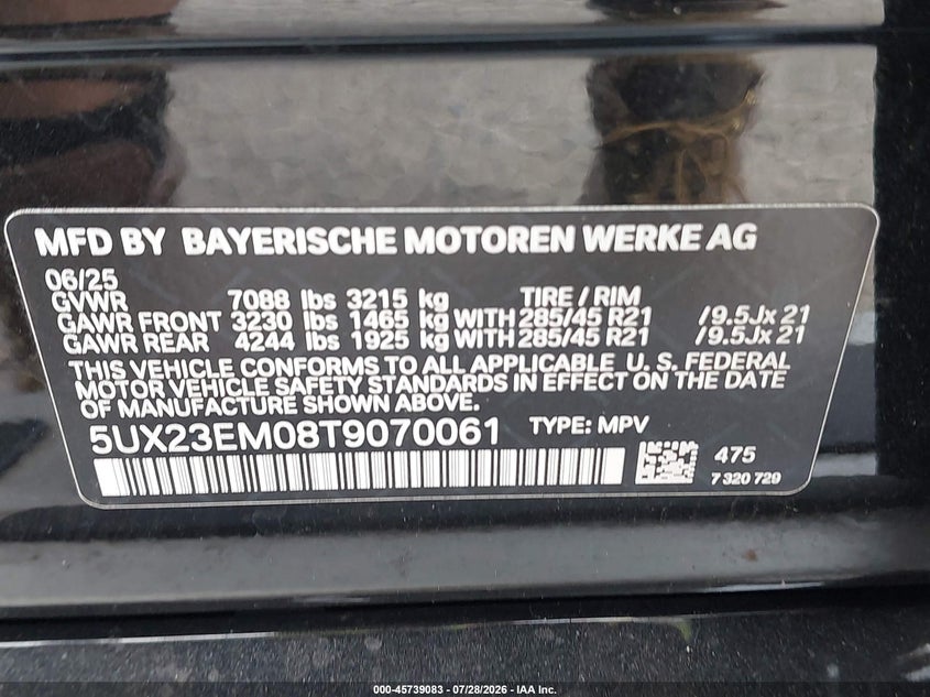 2026 BMW X7 VIN 5UX23EM08T9070061 IAAI salvage auction — FRONT END, Enterprise Vehicles Clear Only (Arizona), sold $42,250 on 2026-08-01 (photo 9)