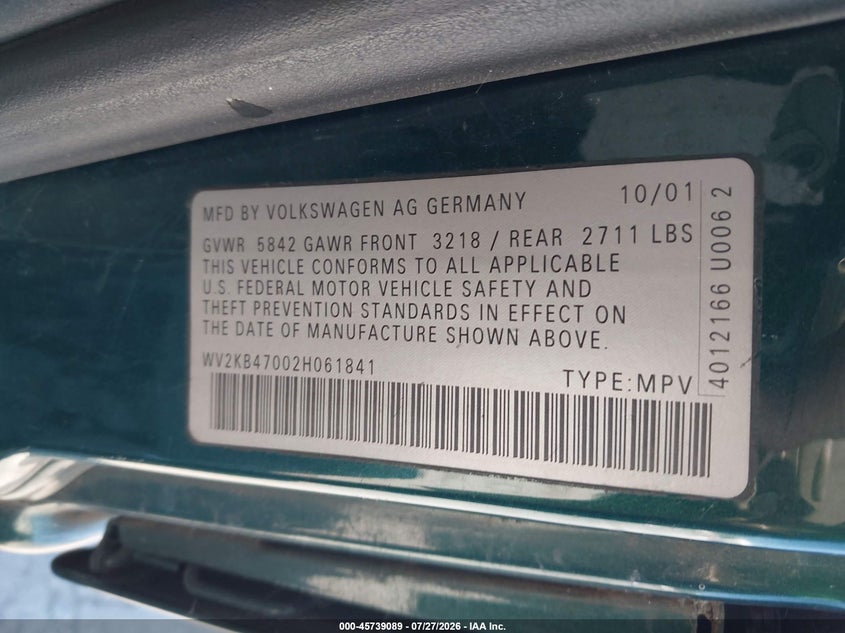 2002 Volkswagen Eurovan VIN WV2KB47002H061841 IAAI salvage auction — NORMAL WEAR, Clear - Dealer Only (California), sold $225 on 2026-08-03 (photo 9)