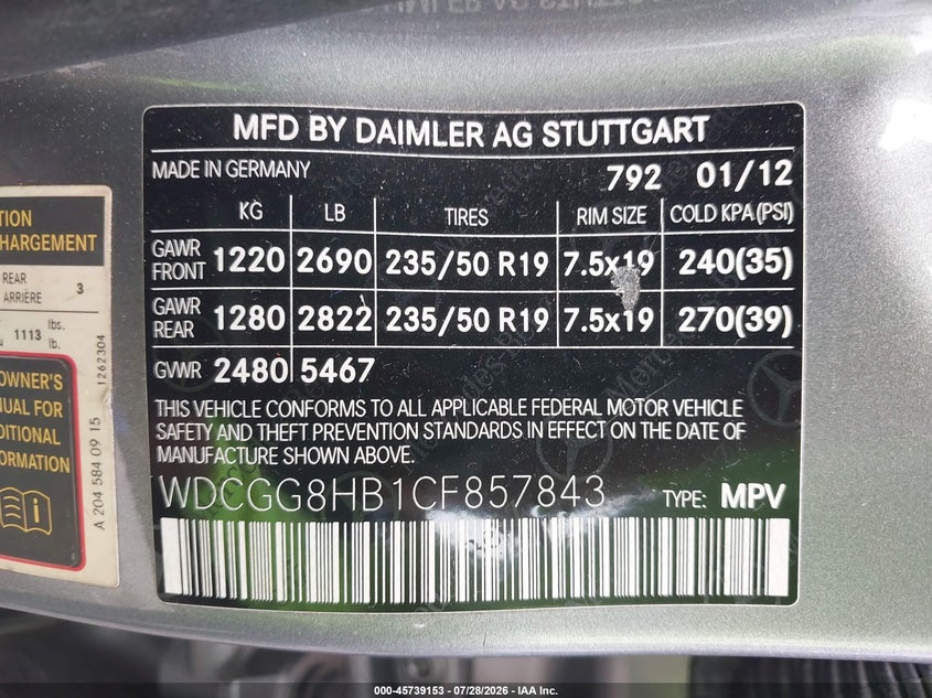 2012 Mercedes-benz Glk-klasse VIN WDCGG8HB1CF857843 IAAI salvage auction — FRONT END, Salvage Title, sold $1,950 on 2026-09-25 (photo 9)
