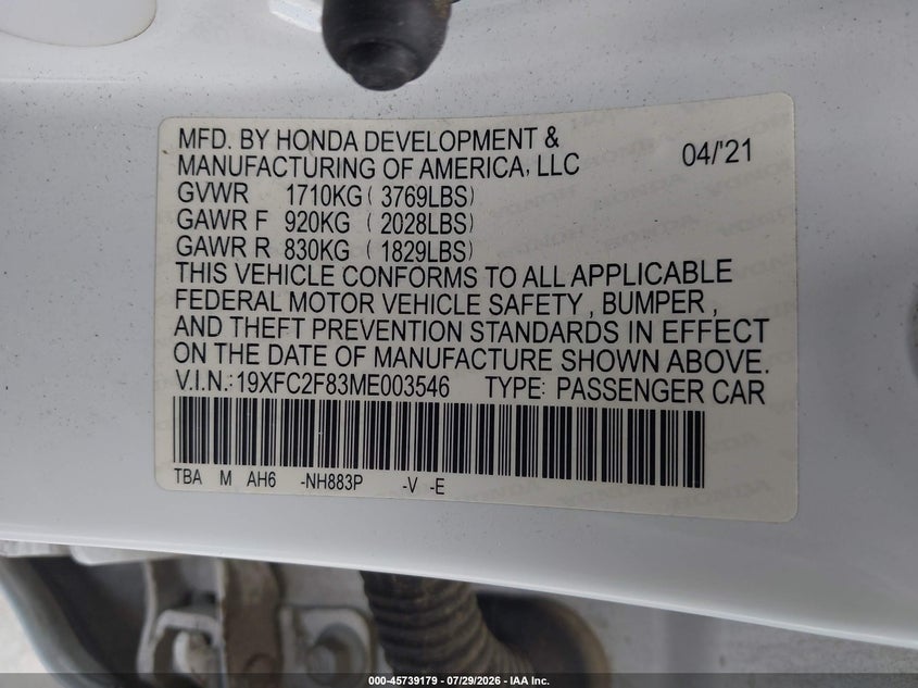 2021 Honda Civic VIN 19XFC2F83ME003546 IAAI salvage auction — FRONT END, Salvage Title, sold $3,750 on 2026-08-19 (photo 9)