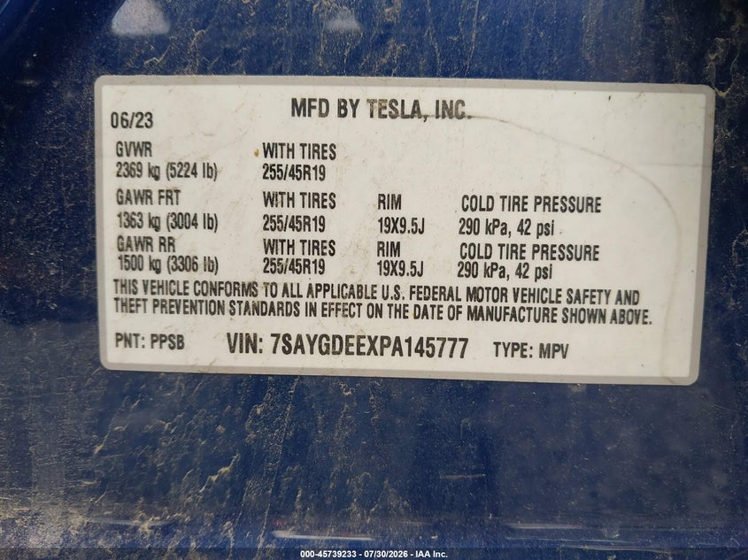 2023 Tesla Model y VIN 7SAYGDEEXPA145777 IAAI salvage auction — REAR END, Mv-907A (New York), sold $10,000 on 2026-08-02 (photo 9)
