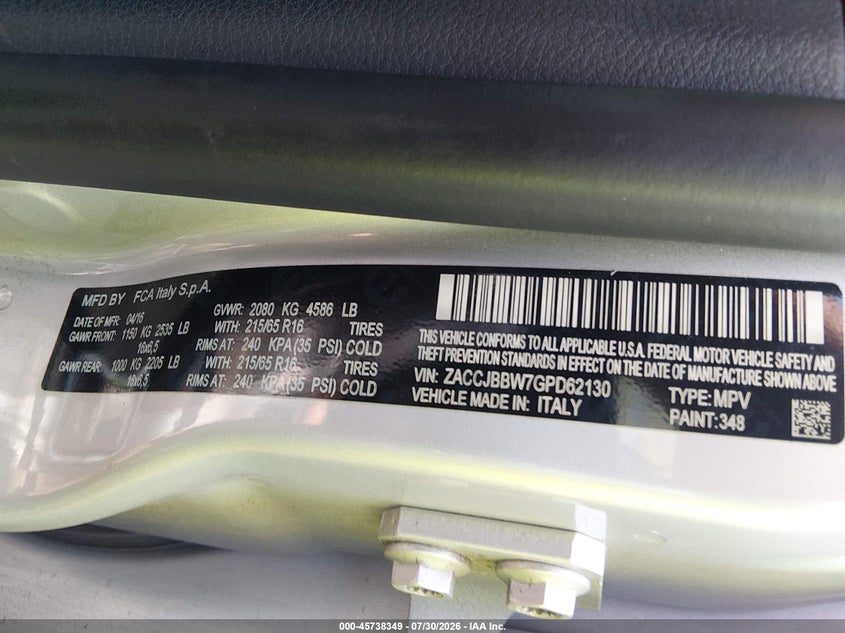 2016 Jeep Renegade VIN ZACCJBBW7GPD62130 IAAI salvage auction — NORMAL WEAR, Salvage Title, sold $1,800 on 2026-08-12 (photo 9)