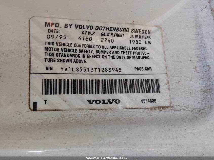 1996 Volvo 850 VIN YV1LS5513T1283945 IAAI salvage auction — NORMAL WEAR, Salvage (New Mexico), sold $225 on 2026-08-10 (photo 9)