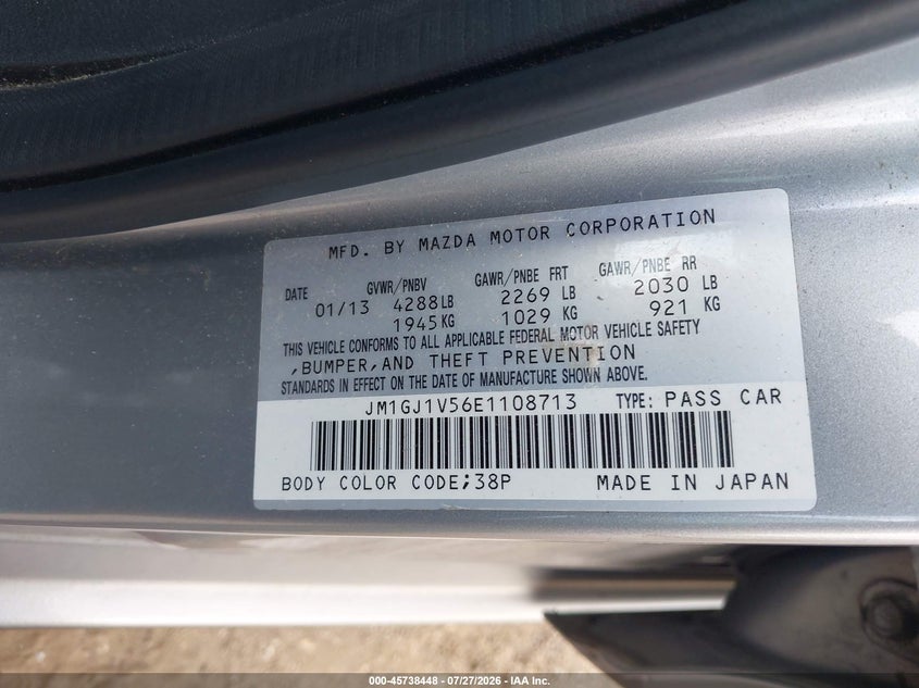 2014 Mazda 6 VIN JM1GJ1V56E1108713 IAAI salvage auction — NORMAL WEAR, Clear (Pennsylvania), sold $2,600 on 2026-07-31 (photo 9)