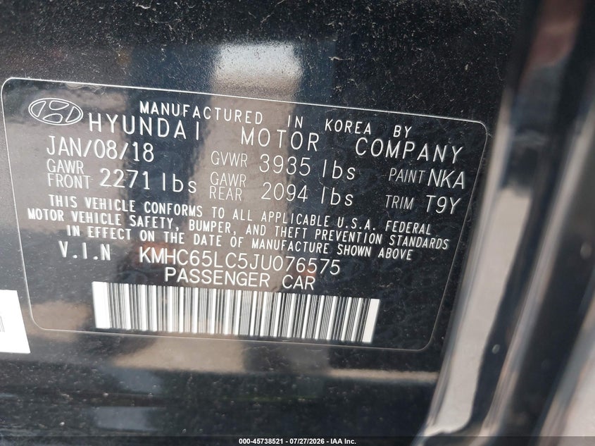 2018 Hyundai Ioniq hybrid VIN KMHC65LC5JU076575 IAAI salvage auction — NORMAL WEAR, Sf97 (New York), sold $7,650 on 2026-08-20 (photo 9)