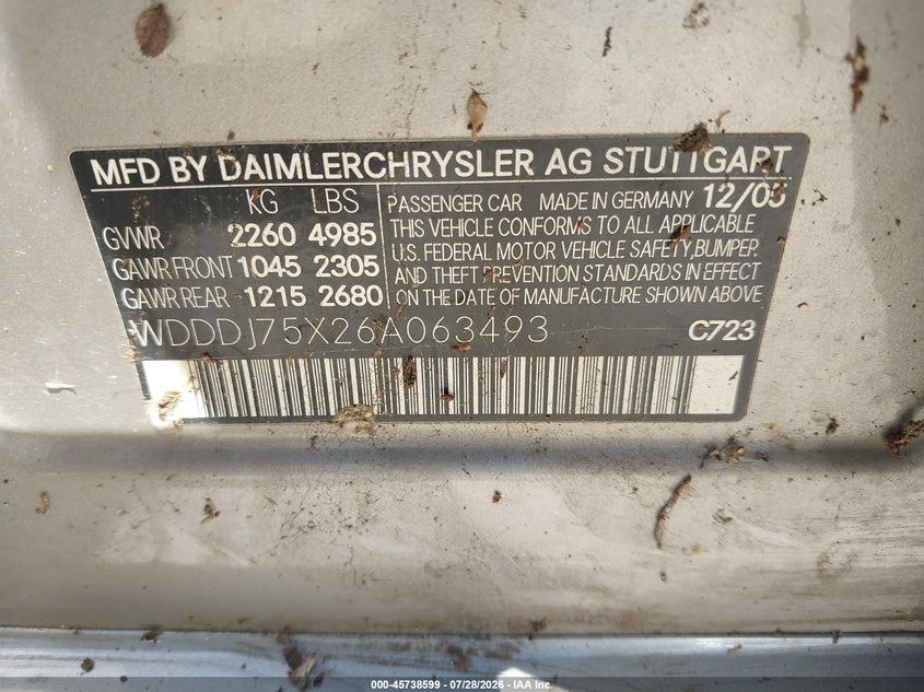 2006 Mercedes-benz Cls-class VIN WDDDJ75X26A063493 IAAI salvage auction — NORMAL WEAR, Original (Texas), sold $250 on 2026-08-03 (photo 9)