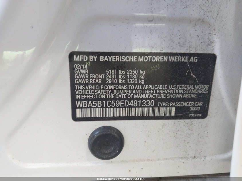 2014 BMW 5er VIN WBA5B1C59ED481330 IAAI salvage auction — NORMAL WEAR, Clear (Georgia), sold $1,100 on 2026-08-21 (photo 9)